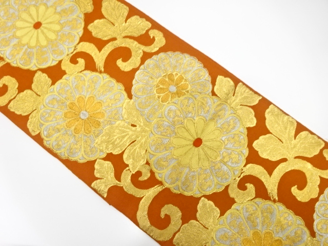 JAPANESE KIMONO / ANTIQUE FUKURO OBI / SILK / WOVEN KIKU ARABESQUE